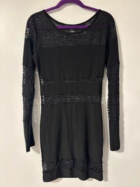 Symphony Black Long Sleeve Sheer Animal Print Sections Block Mini Dress Medium